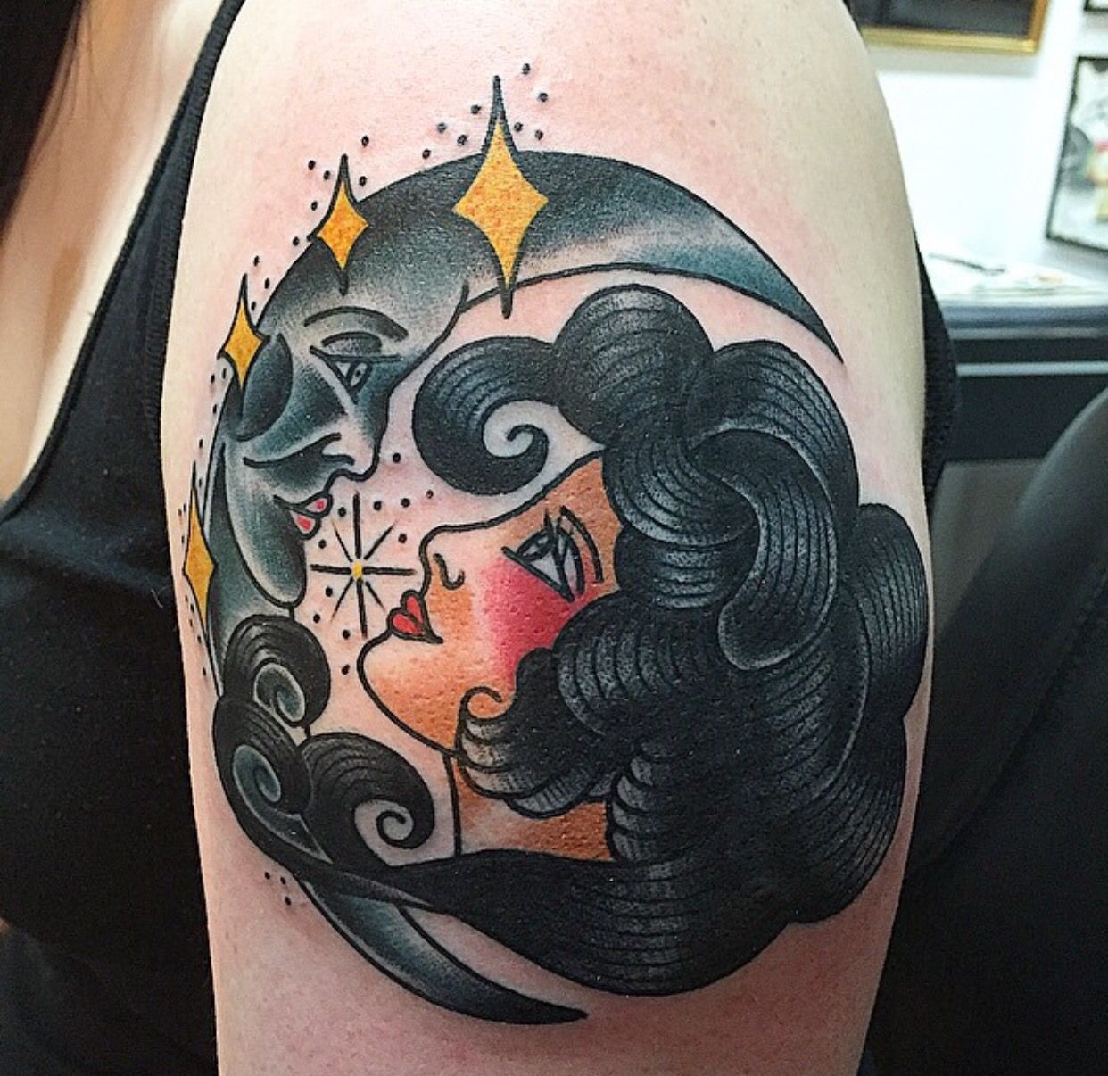 My traditional moon tattoo by Richie Clarke at Forever True Tattoo, Liverpool. -   23 traditional tattoo for women ideas