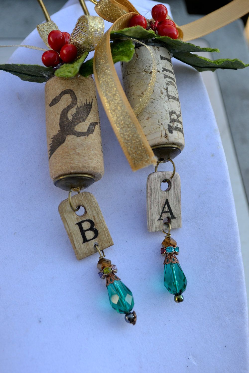 Wine Cork Ornament with Initial and Teal Green Crystal Bead. $7.00, via Etsy. -   24 cork crafts initials
 ideas