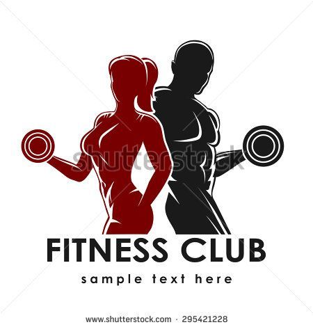 Fitness club logo or emblem with woman and man silhouettes. Woman and Man holds dumbbells. Isolated on white background. Free font Raleway used. - stock vector -   24 fitness logo backgrounds ideas