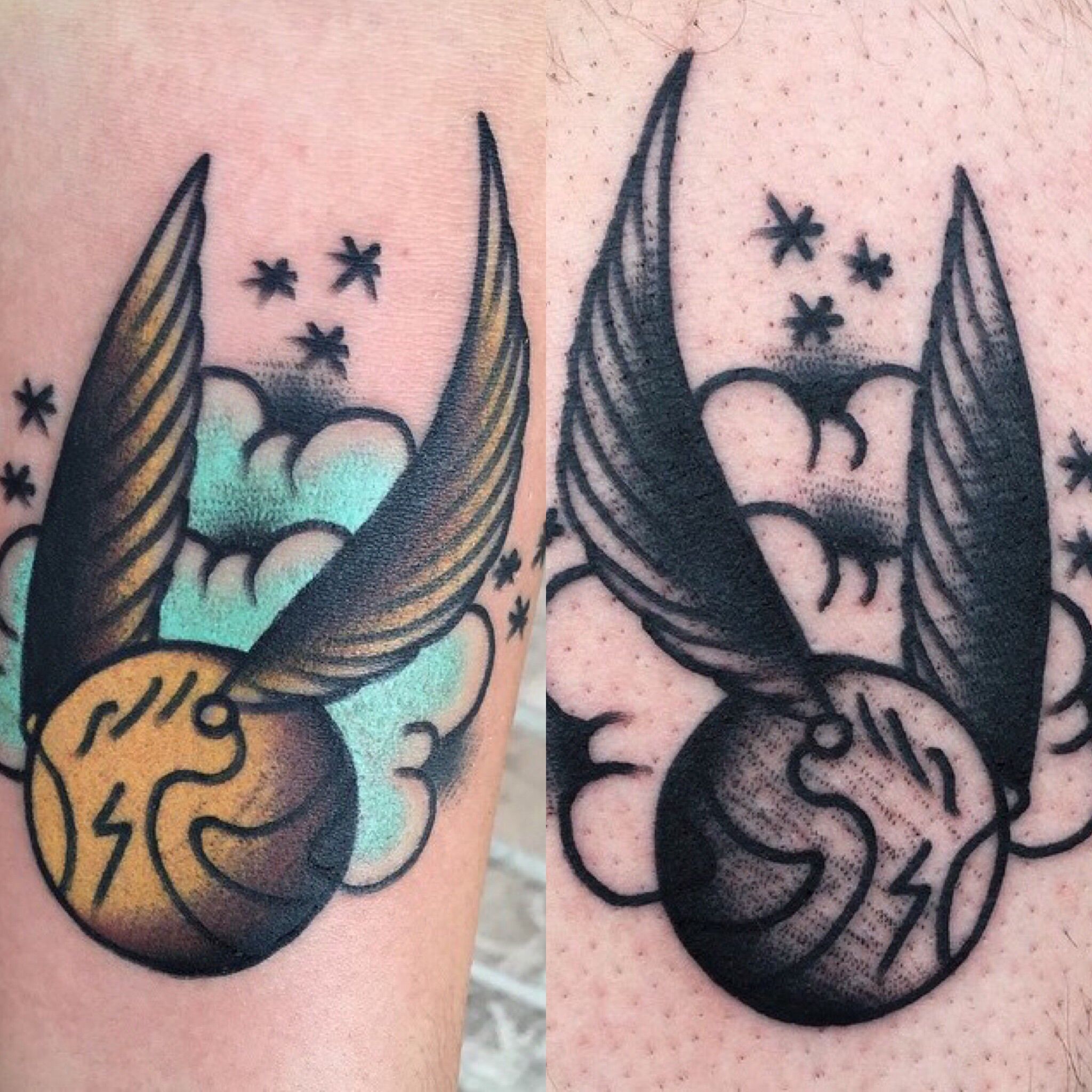 My sister and I got matching Harry Potter tattoos! The golden snitch, by Josh Barg at Tribute Tattoo in Waterford, MI -   24 harry potter matching tattoo
 ideas