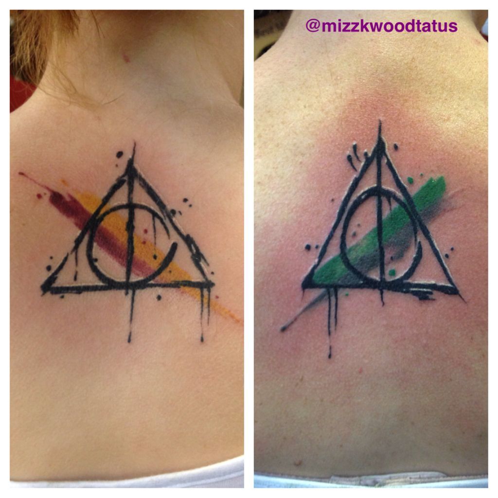 Harry potter deathly hollows watercolor tattoos. I do not know which artist did these but they are awesome! -   24 harry potter matching tattoo
 ideas