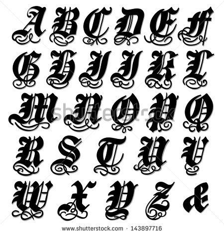 Complete uppercase Gothic alphabet in a bold black doodle with ornamental swirls and flourishes, vector illustration isolated on white -   25 bold tattoo fonts
 ideas