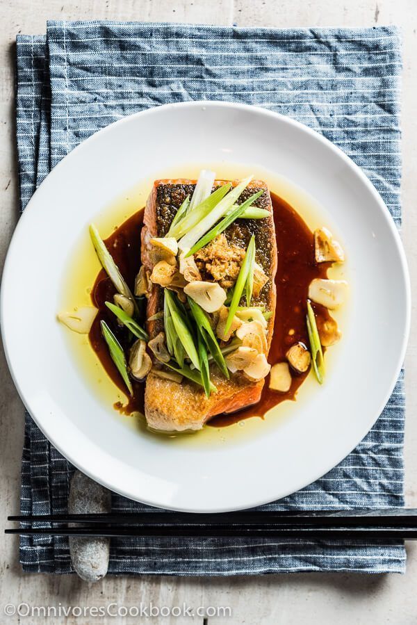 Crispy Salmon with Ginger Soy Sauce - This recipe combines the delicate flavor of Chinese steamed fish with the crispy skin of grilled salmon in one dish. -   25 chinese recipes seafood
 ideas