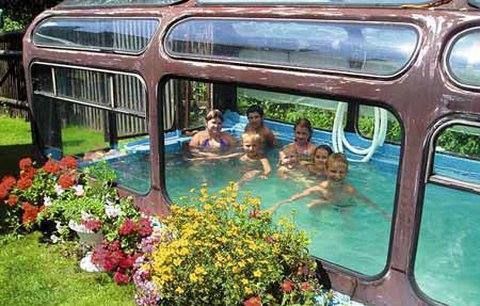 Upcycled Pool bus. Yep that's right, used to be a bus now turned into an indoor swimming pool. How cool is that! Don't you just love the garden too! -   25 diy school bus
 ideas