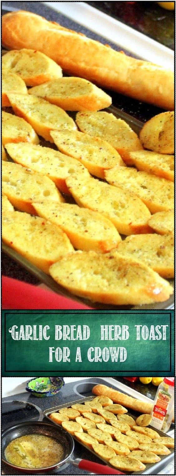 Garlic Toast... Cheap and Easy for a CROWD! Sure sounds simple (AND IT IS), but this DIY is designed for when you need to make a LOT for a hungry crowd. Cost effective, EASY and QUICK. Turn a dollar and a quarter French Baguette into 20-25 slices of garlic-y Herbal Italian goodness! -   25 italian recipes for a crowd
 ideas