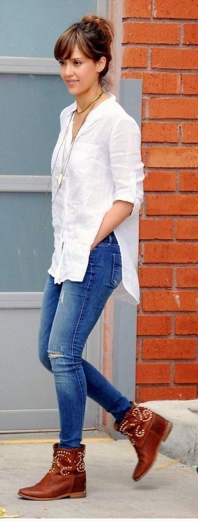 Street style. Love big white button up with jeans and brown boots! -   25 jessica alba street
 ideas