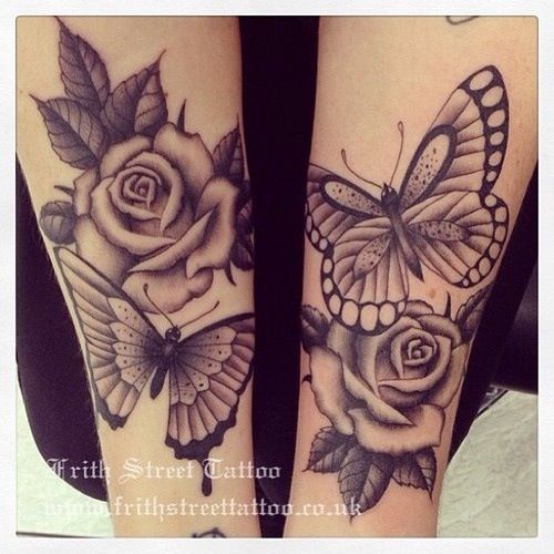 Butterfly  rose tattoo; maybe even best friends -   18 rose butterfly tattoo
 ideas