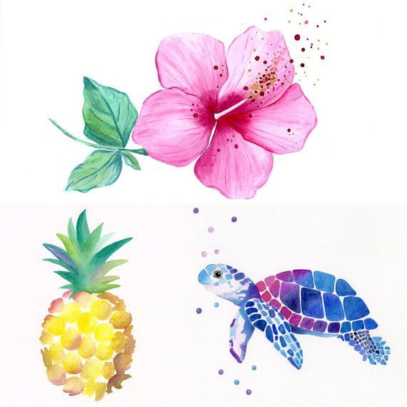 Tropical / Hawaiian Nursery Watercolors (Set of 3) - Original Art - Pineapple - Sea Turtle - Hibiscus Flower - Monstera Leaf - Flamingo -   19 hibiscus flower tattoo
 ideas