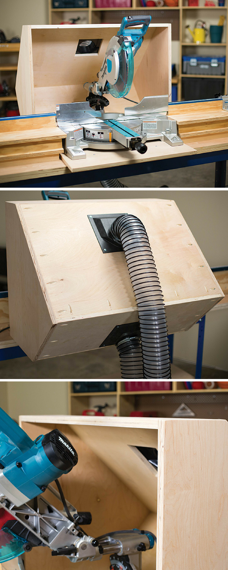 A miter saw is one of the handiest tools you can own, and one of the messiest. The chips and sawdust it creates get everywhere. This dust hood helps corral the mess by giving it somewhere to go—into a dust collector or shop vacuum. You can build a hood for your saw from plywood and a few fittings. -   19 shop fitness
 ideas
