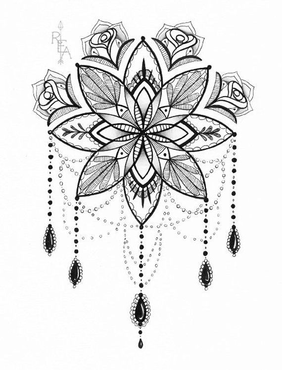 Mandala Illustration - Tattoo Art - Pen and Ink Drawing - 5x7 Giclee Print -   22 mandala tattoo acuarela ideas
