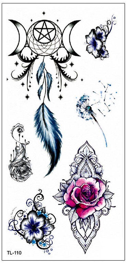 Lapras Geometric Watercolor Rose & Star Moon Dreamcatcher Temporary Tattoo -   22 mandala tattoo acuarela ideas