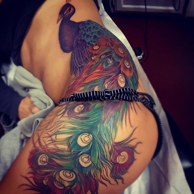 Full side hip tattoo  Peacock with beautiful color and detail -   22 peacock thigh tattoo ideas