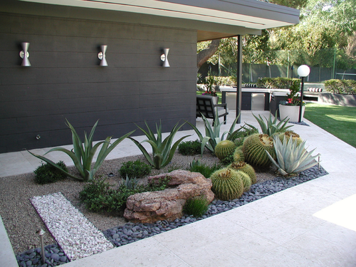 this is my idea of great landscaping. Sculptural shapes of the plants and rocks, gravel. No need to water, prune or clean up leaves/debris. Keep the weed out and run the hose over it once in a while. SOLD. -   23 mid century modern garden
 ideas