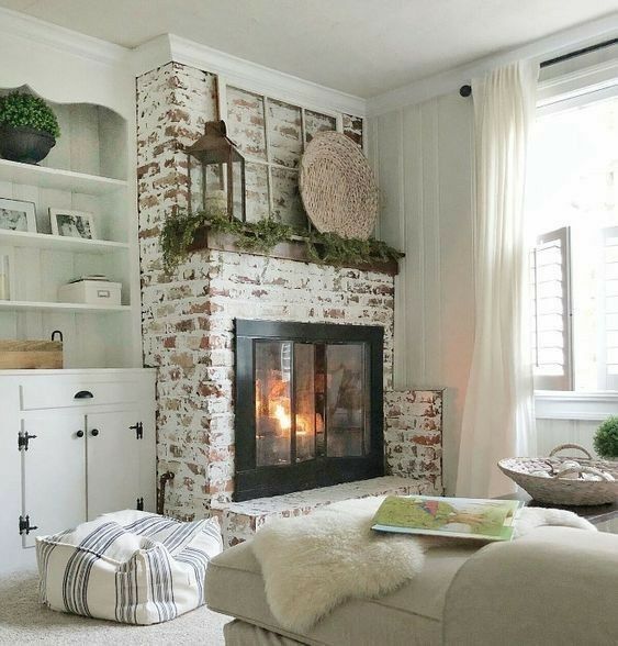 Like the whitewash on this brick -   23 rustic decor fireplace
 ideas
