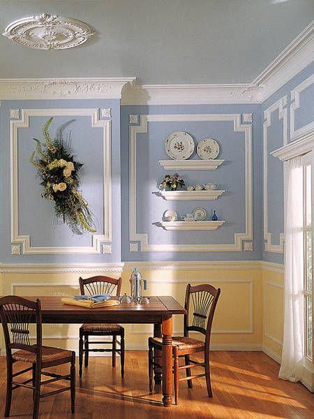 Marseilles ceiling medallion, crown molding, panel molding, decorative rosettes, chair rail, sky blue, buff      Providence decorative chair-rail      Pacifica panel molding   and   Atlanta baseboard #Diningroomdecorating -   24 dining decor crown moldings
 ideas