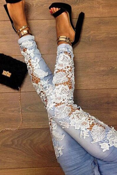 Hollow Out Lace Tight Jeans Pants Trousers -   24 diy fashion jeans ideas