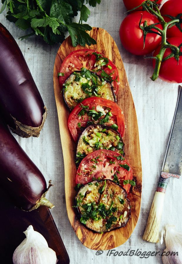This low calorie eggplant recipe is very easy to make and I am sure you are going to love it. Vegan, low carb, gluten free and paleo friendly. These marinated eggplants and tomatoes can be served as an appetizer, as a side dish, in place of a salad, or just by themselves. They are that good. -   24 marinated eggplant recipes
 ideas