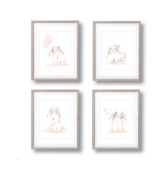 Bunny Nursery Art Prints, Set of 4, Rabbit Drawings, Nursery Sketches, White Bunnies, Sweet Blush, Baby Girl, Pink Flower Art, Hearts, Sepia -   24 nursery decor animals ideas