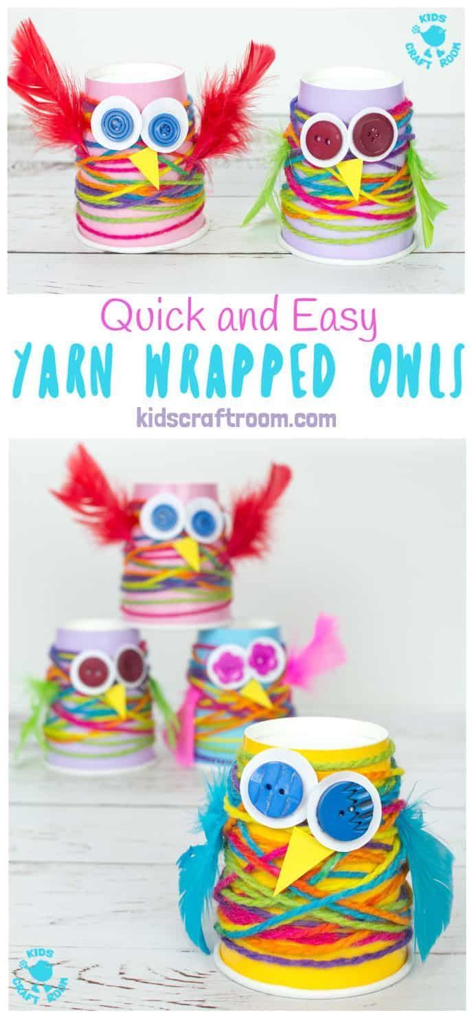 Paper Cup Yarn Wrapped Owls -   24 owl crafts kindergarten
 ideas