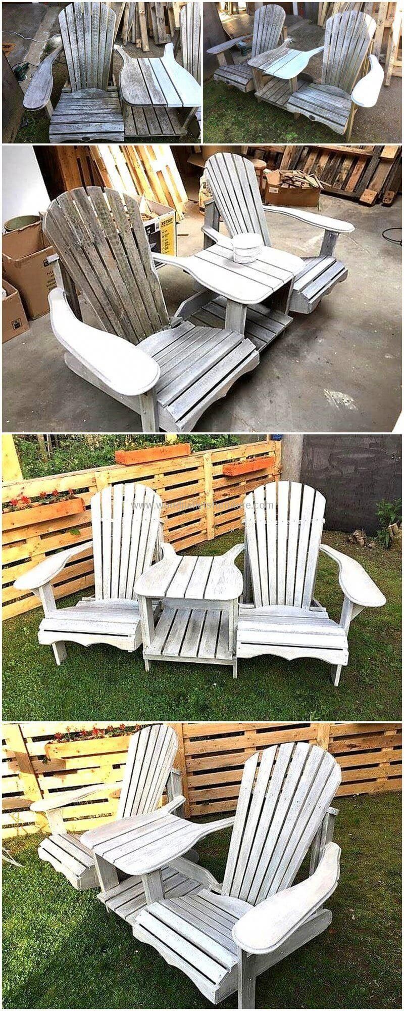 For the couple, who loves to sit in the garden and spend time with each other; we have an idea for creating reclaimed wood pallet Adirondack garden seats with attached table which is easy to copy. -   25 garden seating pallets
 ideas