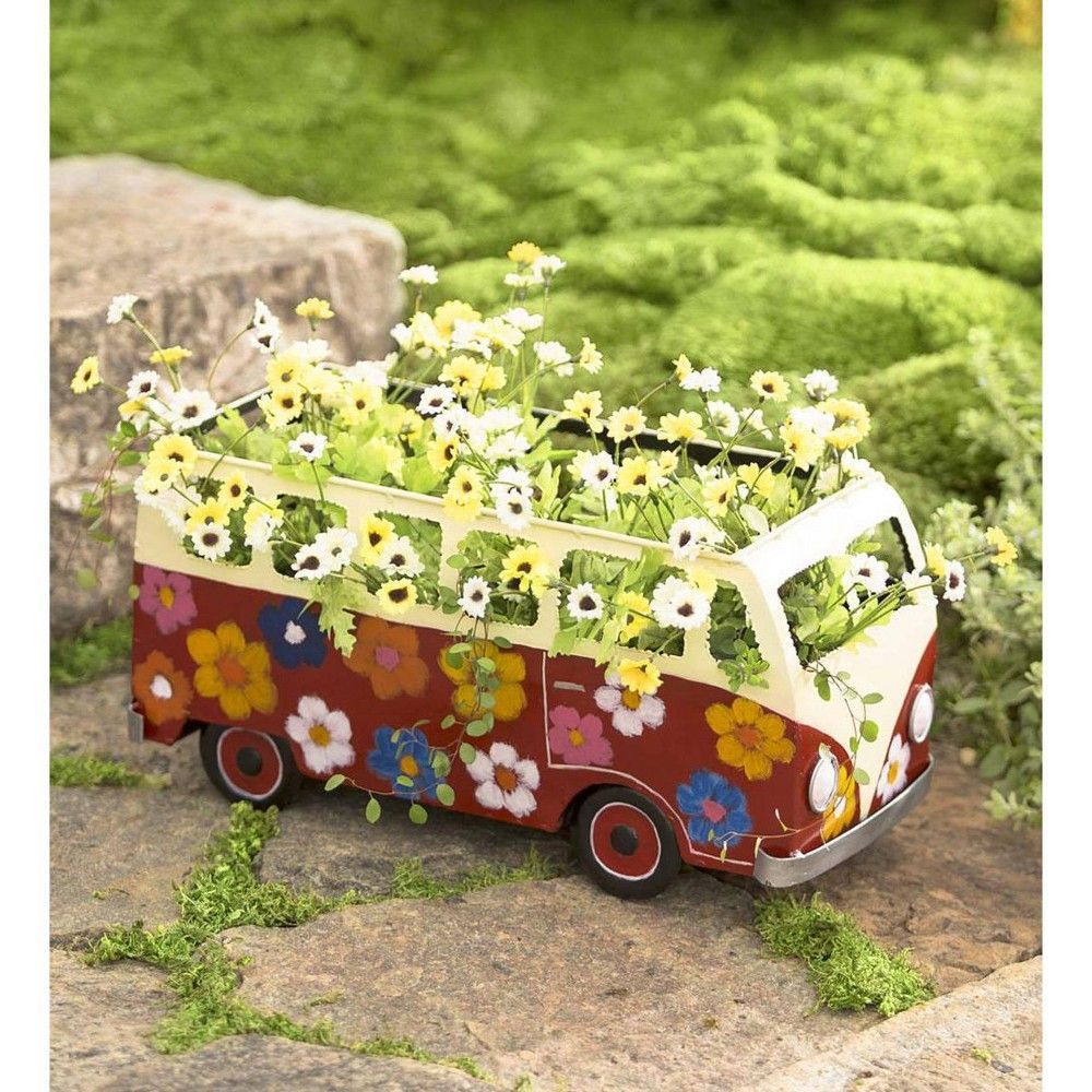 Handmade Metal Flower Power Bus Planter - Plow & Hearth -   21 funky garden pots
 ideas