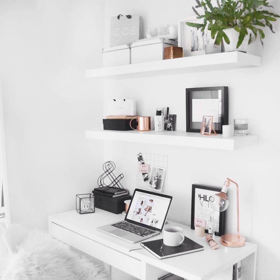 Minimal desk, ikea floating shelves with rose gold detail -   22 desk decor shelves
 ideas