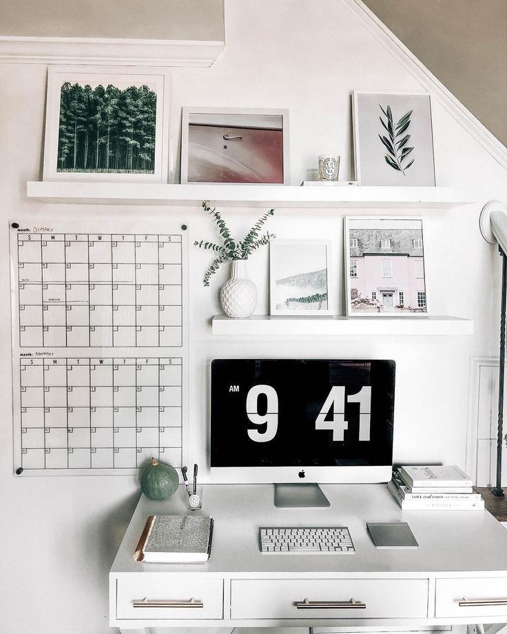 clean white minimal desk office space using pops of green and pink, acrylic calendar, white floating shelves, white desk @prettyinthepines -   22 desk decor shelves
 ideas