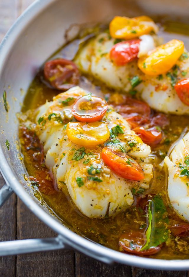 Pan-Seared Cod in White Wine Tomato Basil Sauce -   22 summer fish recipes
 ideas