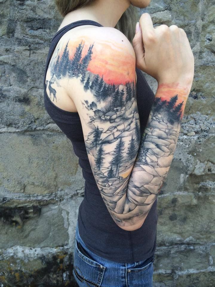Full sleeve nature tattoo by Nickhole Arcade of SpiderMonkey Tattoos. | Tattoo.com -   23 mountain hip tattoo
 ideas