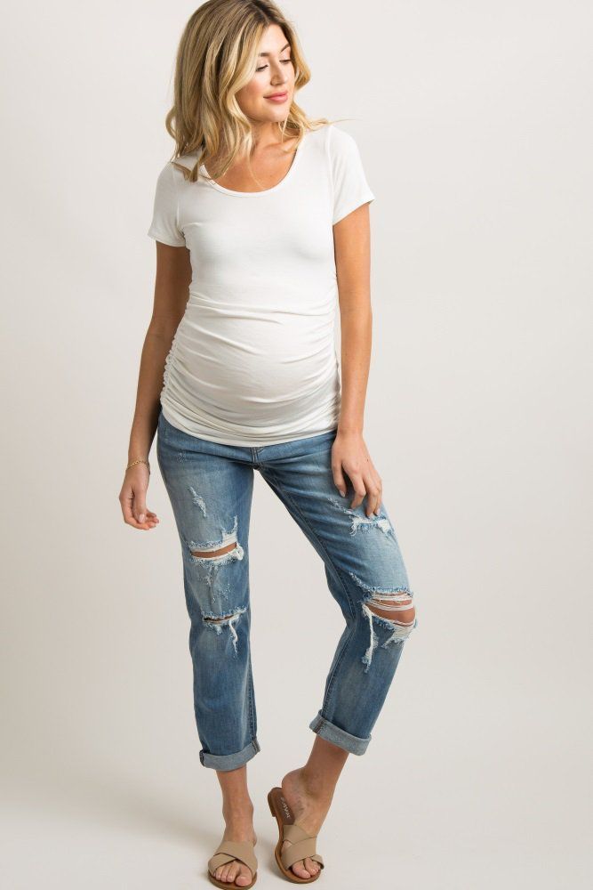 Light Blue Distressed Cuffed Cropped Maternity Jeans -   23 spring style maternity
 ideas