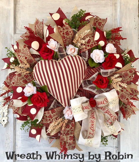Valentines Burlap Mesh Ticking Stripe Heart Wreath, Valentines Decor, Heart Decor, Rustic Valentines, Shabby Chic Wreath, Winter Wreath -   24 chic winter decor
 ideas