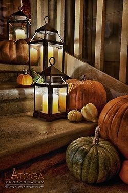 .love the lanterns with candles outside on the steps, or mason jars with candles, or a string of lights wrapped around d?cor running down steps -   24 classy fall decor
 ideas