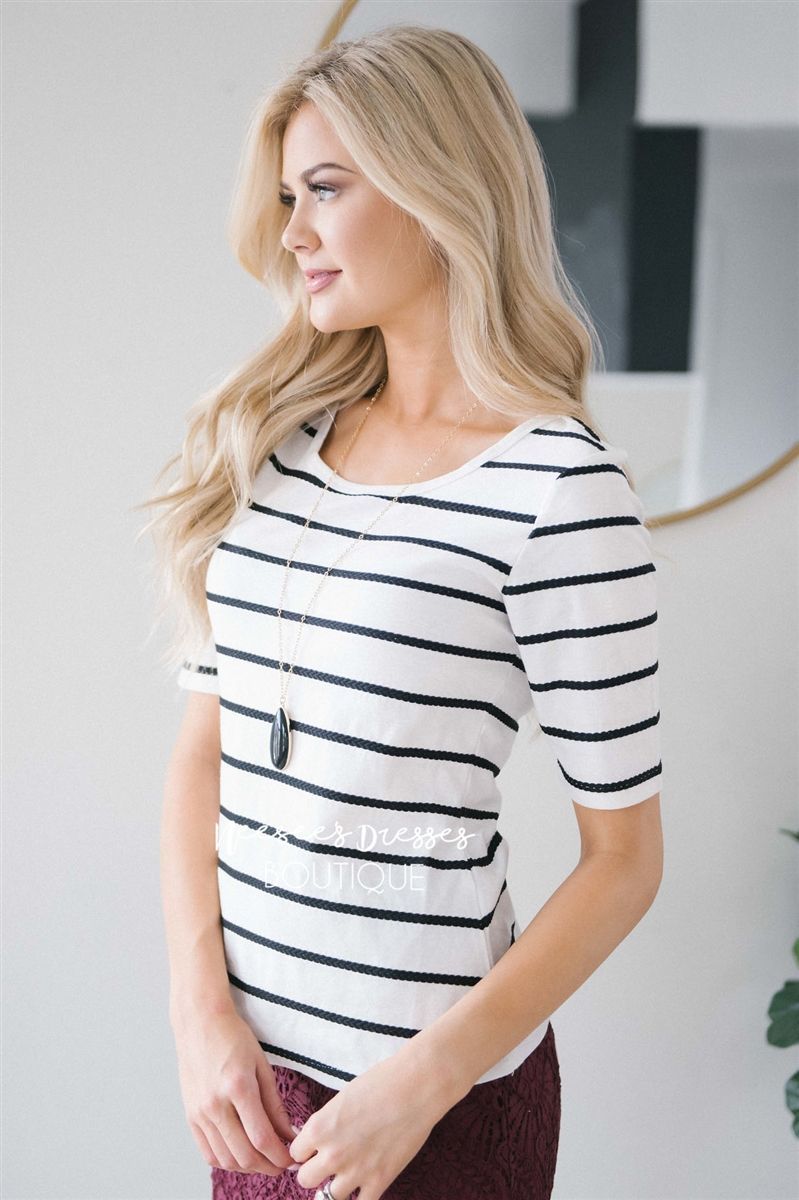 White Striped Scoop Neck Top -   24 college style modest
 ideas
