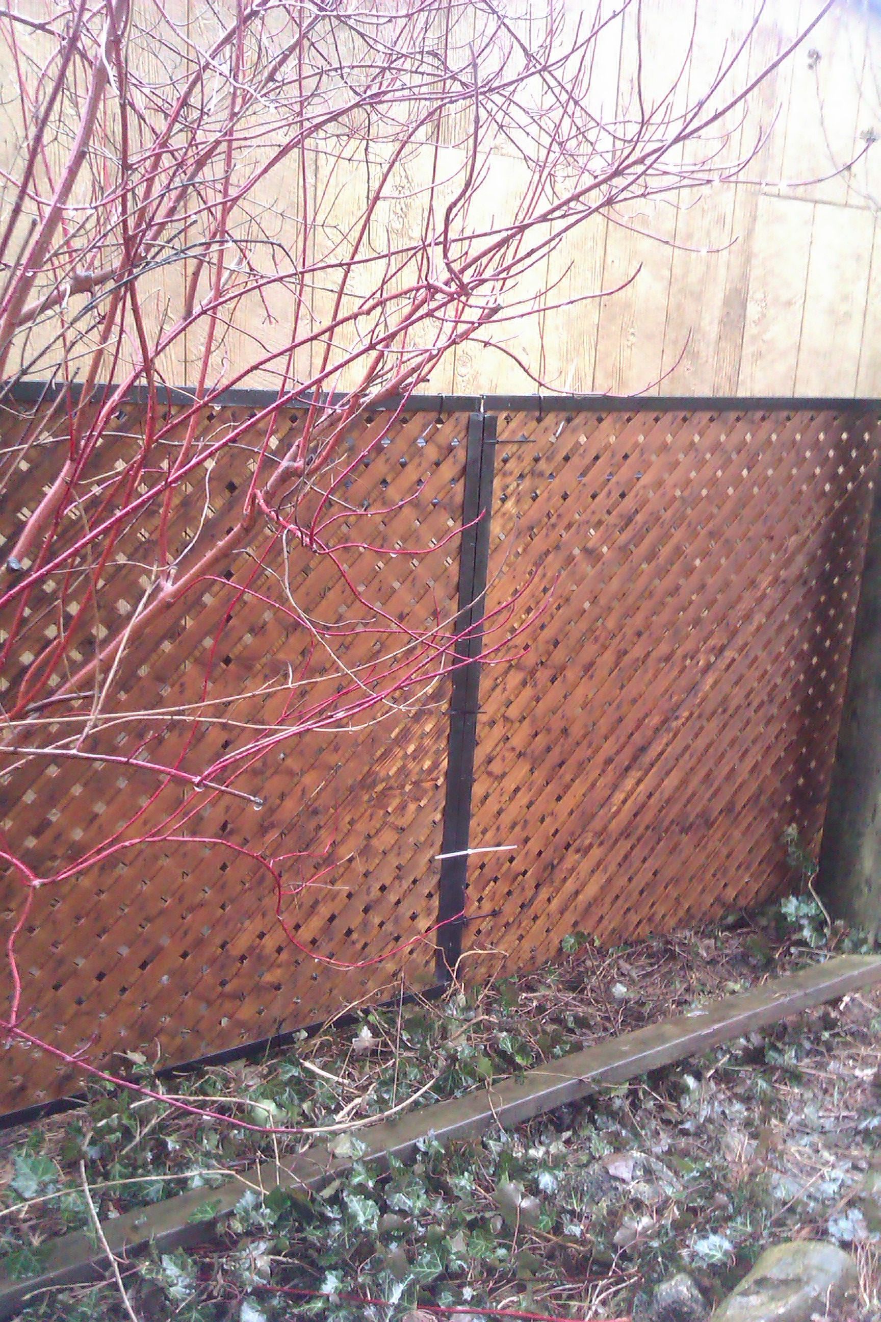 Cover an ugly chain link fence with privacy lattice framed with aluminum J channel ( fits over edges perfectly!!)  I painted the J channel black, a few zip ties to attach everything together and to the chain link fence...$ 325.00 covered 80 feet of ugliness!  I am proud of this project. ( one person project too!)  Use black zip ties...as you can see white is ugly. -   24 fitness design link
 ideas