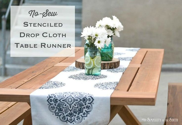 Stenciled No Sew Drop Cloth Table Runner -   24 homemade crafts table
 ideas