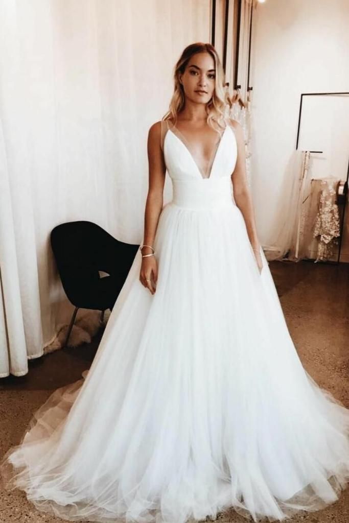 Plunging V-neck Simple Tulle Bridal Gown with Wide Waistband -   24 simple style wedding
 ideas