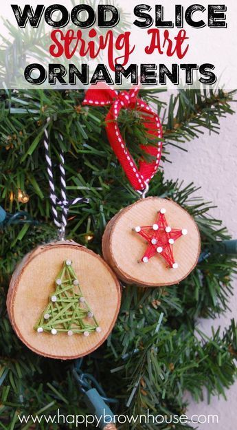 Wood Slice String Art Ornaments -   25 simple crafts gifts
 ideas