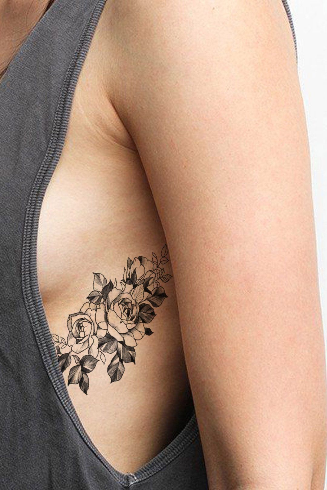 Hisa Realistic Black Floral Flower Rose Temporary Tattoo -   19 tattoo placement chest
 ideas