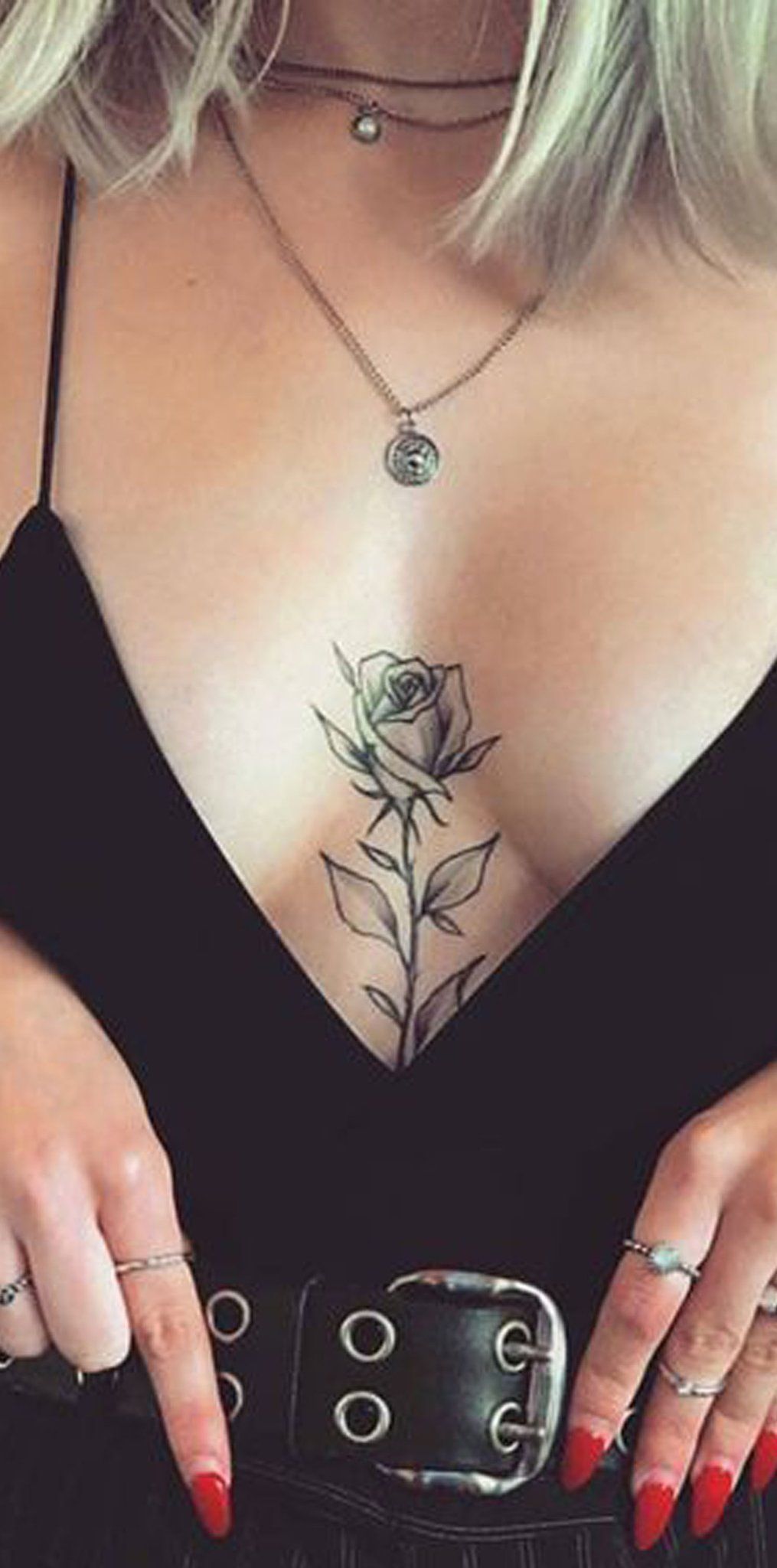 Simple Rose Sternum Tattoo Ideas for Women - Delicate Black Floral Flower Chest Tat - ideas de tatuaje de estern?n rosa para mujeres - www.MyBodiArt.com #tattoos -   19 tattoo placement chest
 ideas