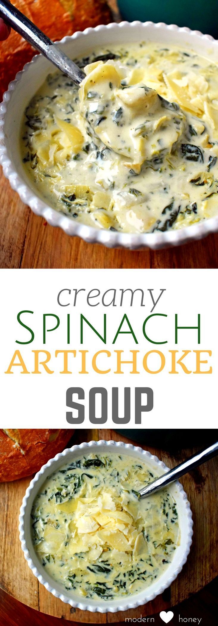 Creamy Spinach Artichoke Soup. The popular dip made into a soup. Rich parmesan cream broth, spinach, artichokes, and spices make this the perfect soup for a cold winter's day. Can be made in the crockpot too. -   20 spinach recipes crockpot
 ideas