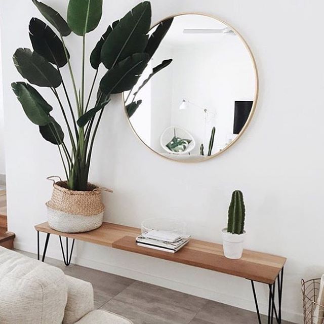 Entryway decor ideas / front door bench / chic modern natural wood accents design / minimalist decor / round mirror wall ideas -   21 entryway decor mirror
 ideas