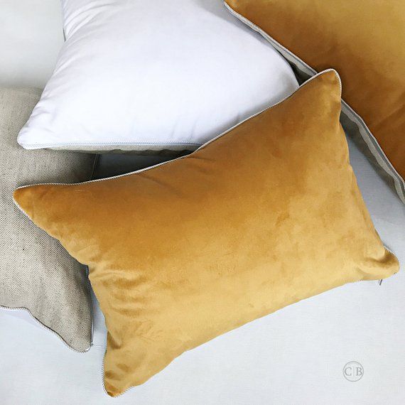 Mustard velvet pillow with piping, Cotton linen cover with trim for living room, Gift idea for new house, Honey gold sofa accent pillowcase -   22 decor pillows with trim
 ideas
