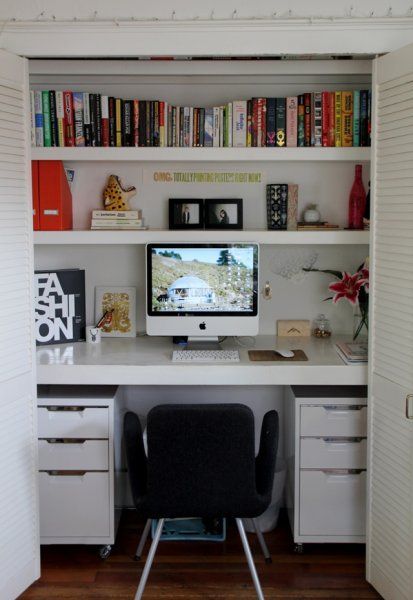 Symmetrical White Closet Office -   22 diy closet office
 ideas