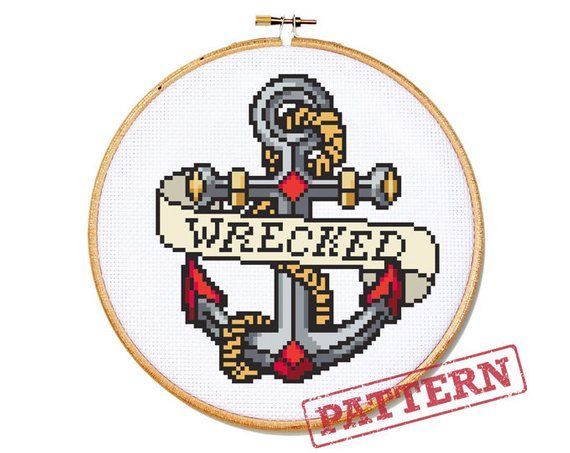 Anchor Tattoo Wrecked Cross Stitch Pattern -   23 cross anchor tattoo
 ideas