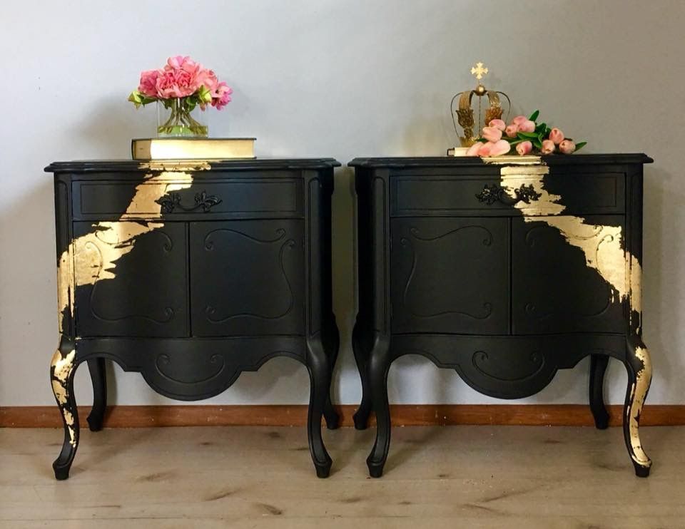 This gorgeous, French style chest of drawers is both elegant as well as beautiful detailed. It has been painted in Fusion Mineral Paint- Coal Black and decorated with gold leafs. Inside the drawers beautiful floral wallpaper has been added. All have been varnished for protection. -   23 french style furniture
 ideas