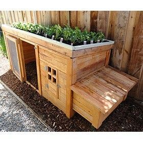 Chicken coop for 4 chickens, plus shallow raised bed garden on top.  Mock this up with stacking Rubbermaid containers (one deep and one shallow).  Maybe have a few for laying and eating chickens. -   23 stacked garden beds
 ideas