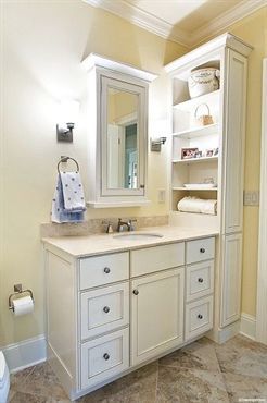 Tall shelving over vanity uses vertical space and frees up space on the vanity counter -   23 tall shelves decor
 ideas