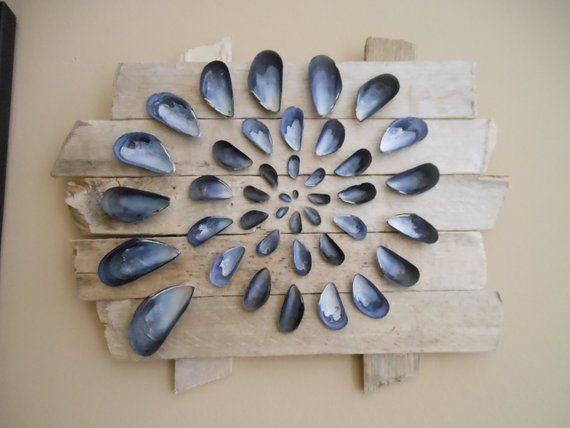 Driftwood Wall Art-Blue Mussel Shell Meditation Spiral Abstract Design-Hamptons NY Driftwood SeaShell Art-Coastal Lake or Beach House Decor -   23 wooden beach crafts
 ideas