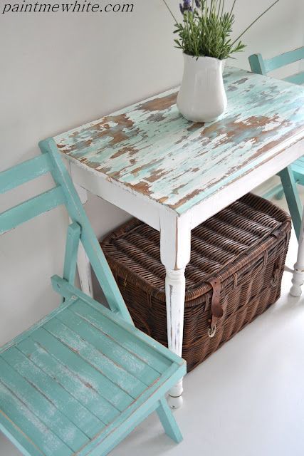 little white bistro table, beachy blue chairs -  @Paint Me White -   24 beach decor furniture
 ideas