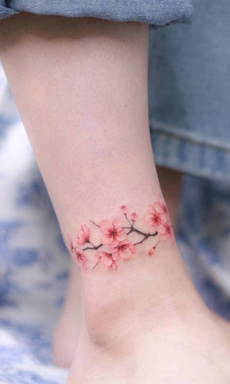 80 Adorable Ankle Tattoos That All Deserve Oscars -   24 cherry blossom ankle tattoo
 ideas